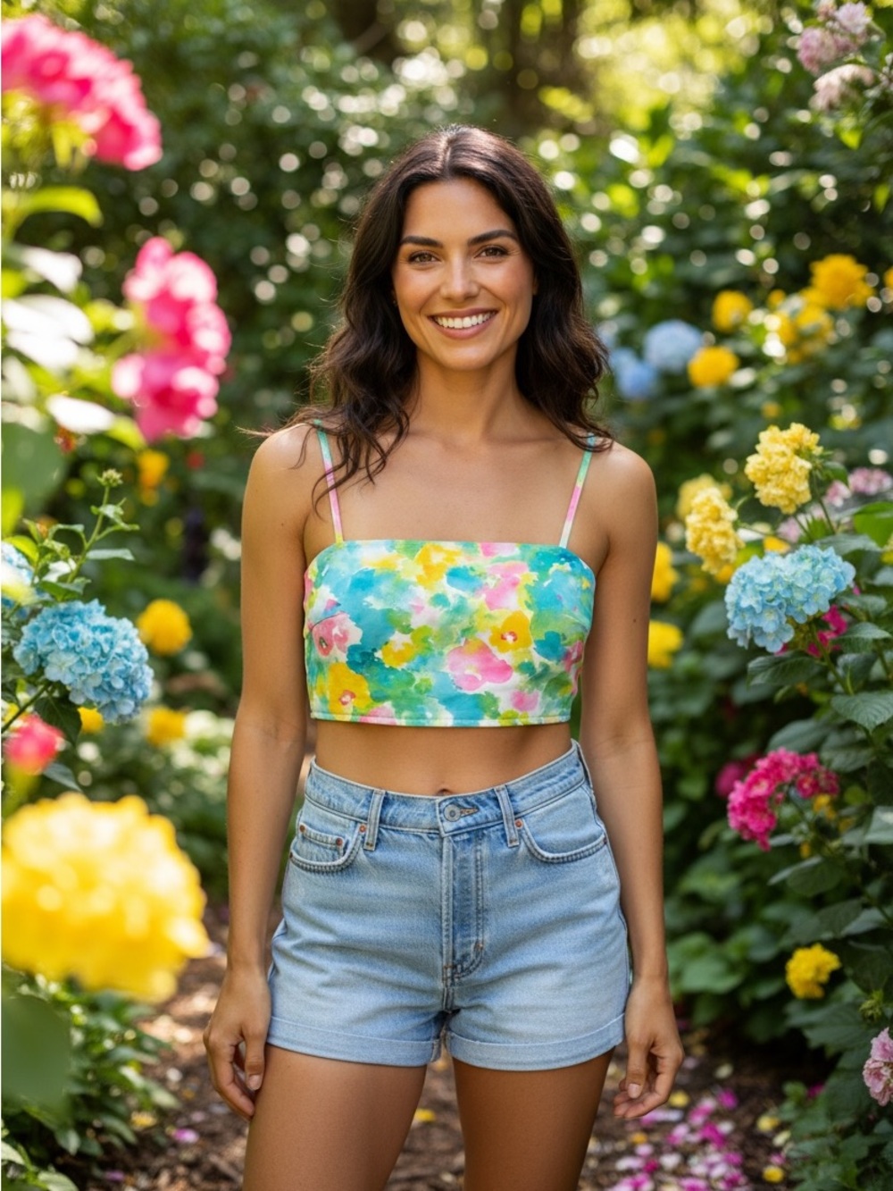 Floral Watercolor Crop Top - Green Multi